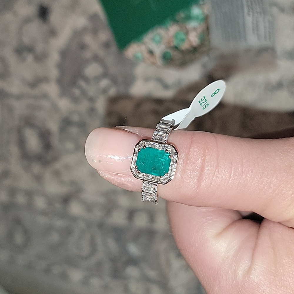 Silver and Green Three-Stone Ring with Prong Setting